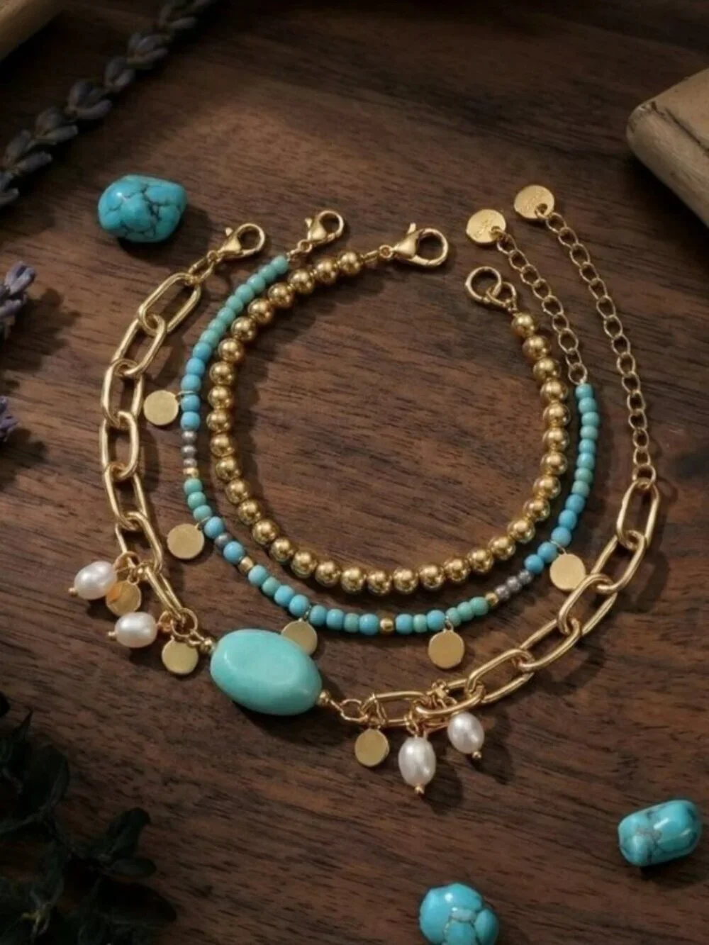 18k Gold Plated 316L SS Blue Jade and Freshwater Pearl Stackable Bracelet Set